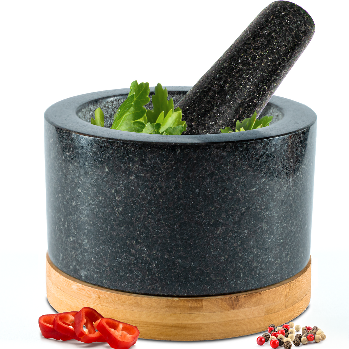 Mortar and Pestle Set with Bamboo Base 1.5 Cup / Black