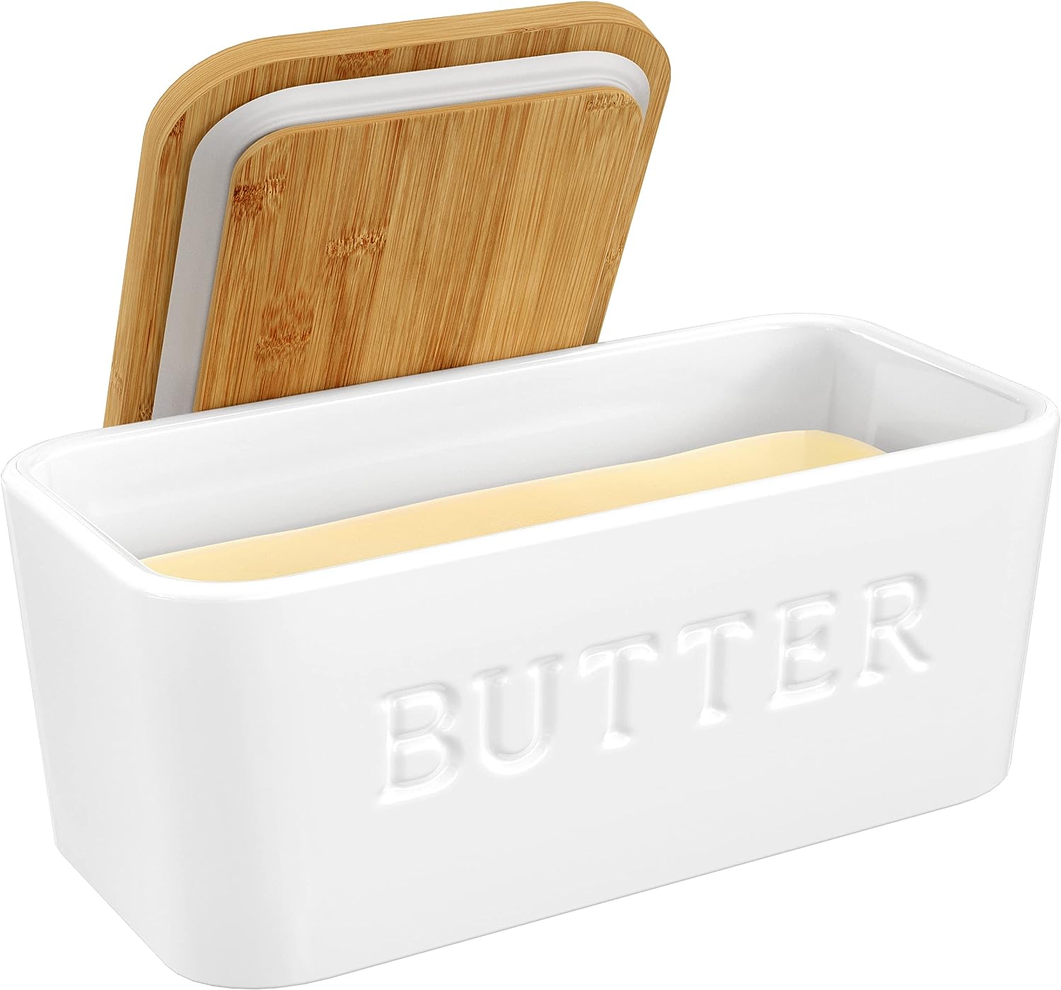 1set Ceramic Butter Dish with Bamboo Lid and Knife, Large Butter