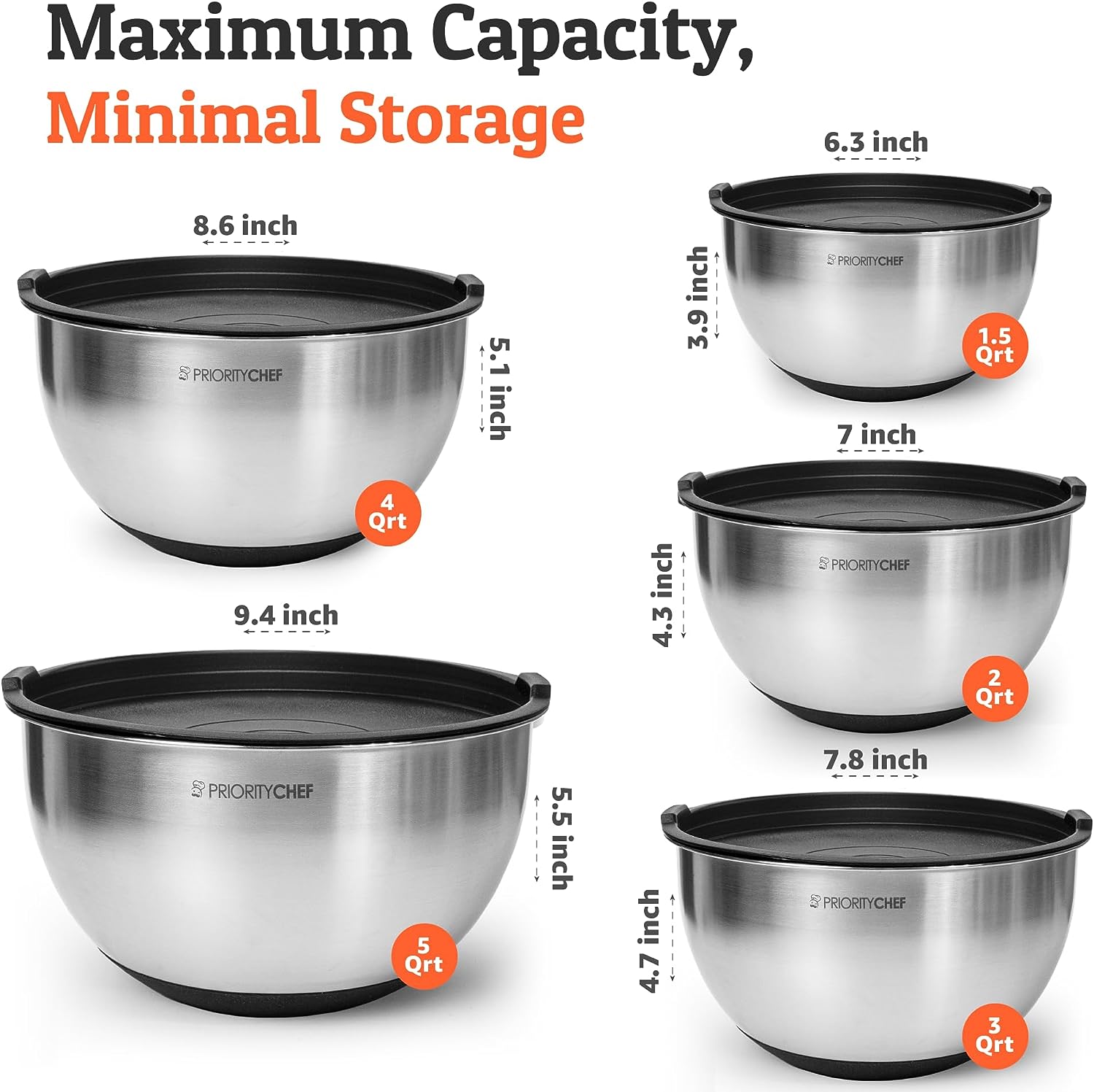 Priority Chef Premium Mixing Bowls With Lids Set, Thicker Stainless Steel Mixing  Bowl Set, Large Prep Metal Bowls with Lids, Nesting Bowls for Kitchen,  1.5/2/3/4/5 Qrt, Black