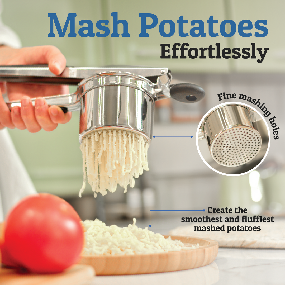 Stainless Steel Potato Ricer – Heavy Duty Food Masher For Potatoes, Fruits, Veggies, Easy To Clean, Ergonomic Handle, Dishwasher Safe
